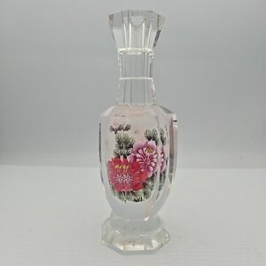 Vintage Chinese Glass‎ Vase Crystal Clear Hand Painted Inside Peony Flower Asian